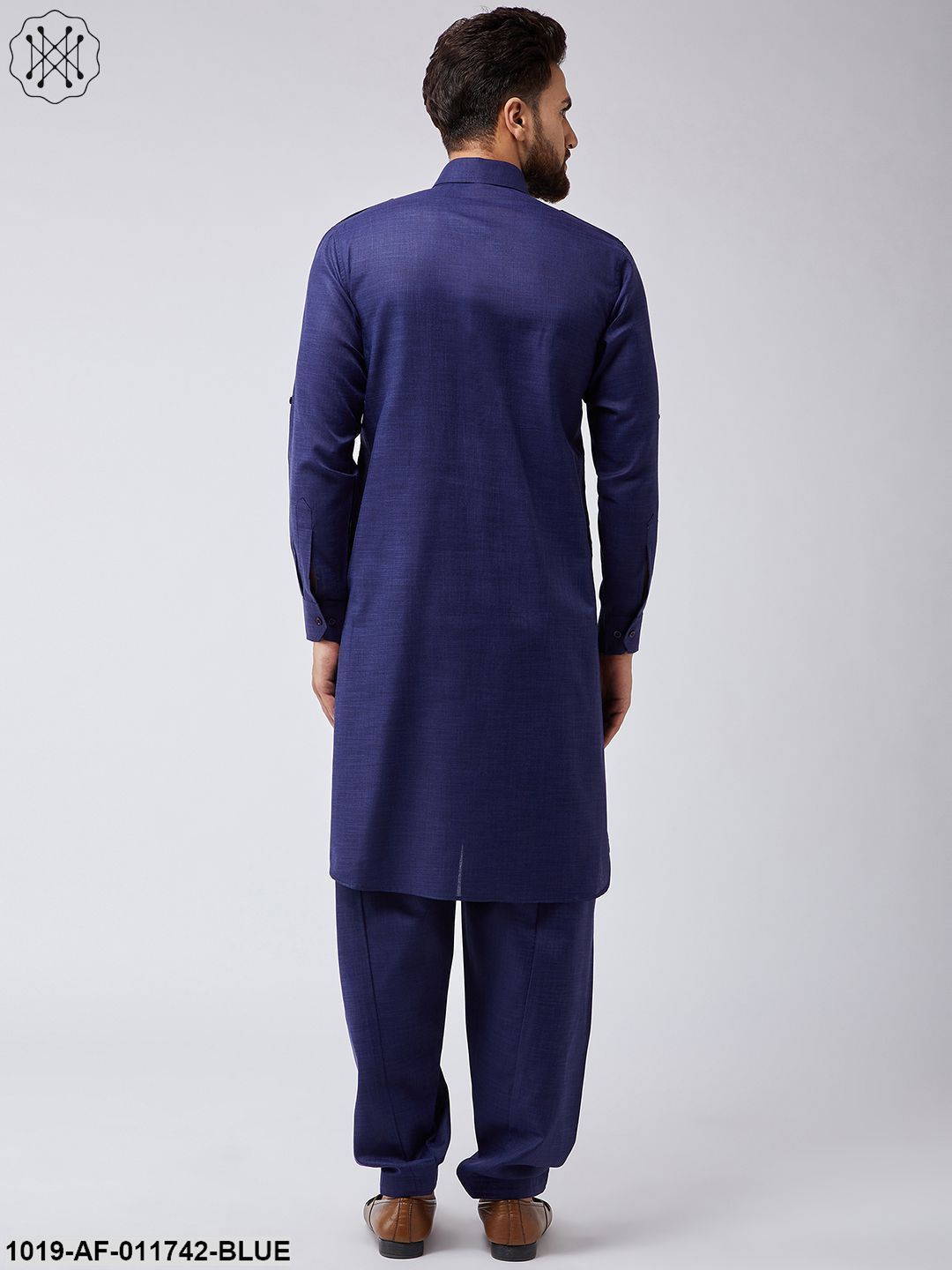 Men's Cotton Navy Blue Pathani Kurta Salwar Set - Sojanya
