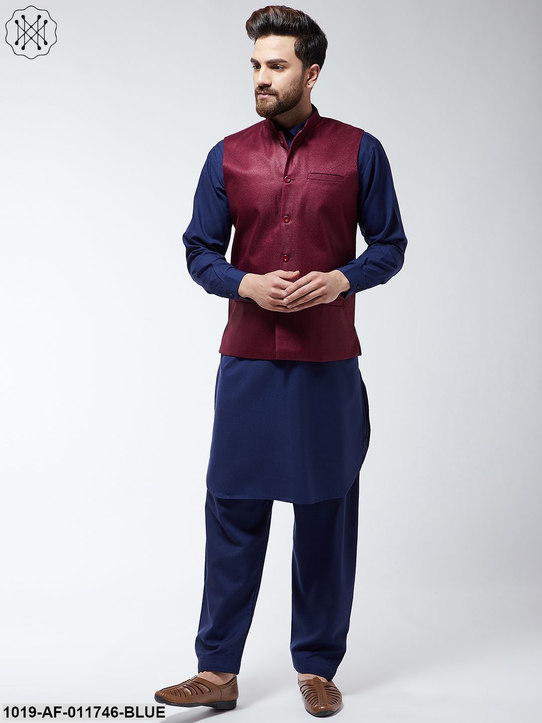 Men's Cotton Blend Navy Blue Pathani Kurta Salwar & Maroon Nehrujacket Set