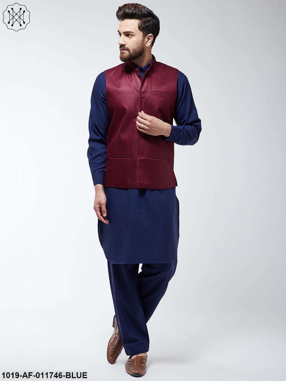 Men's Cotton Blend Navy Blue Pathani Kurta Salwar & Maroon Nehrujacket Set