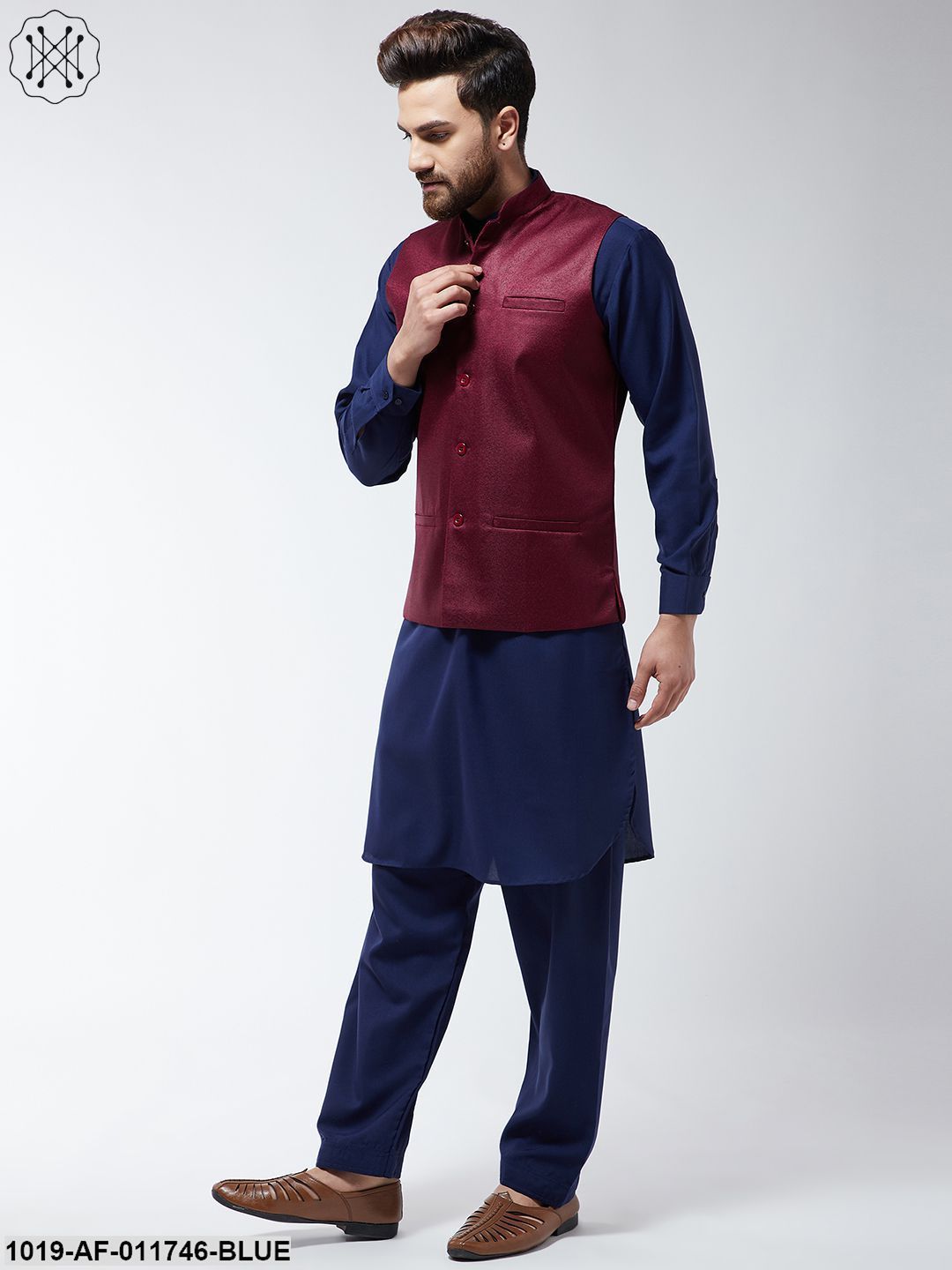 Men's Cotton Blend Navy Blue Pathani Kurta Salwar & Maroon Nehrujacket Set