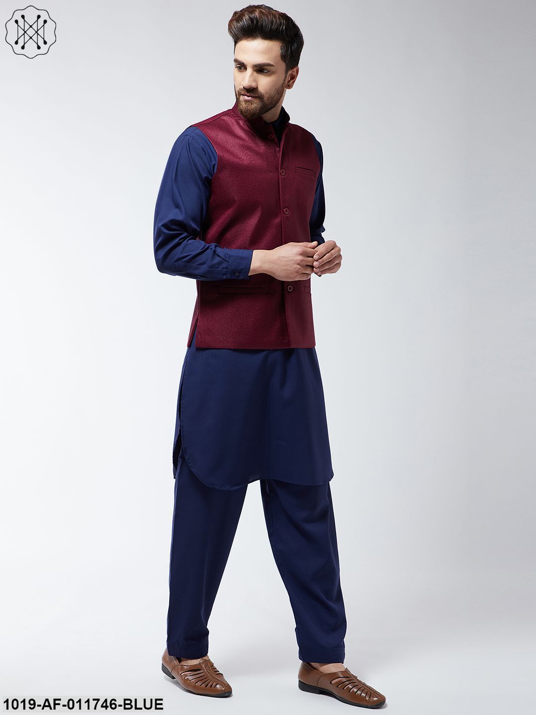 Men's Cotton Blend Navy Blue Pathani Kurta Salwar & Maroon Nehrujacket Set