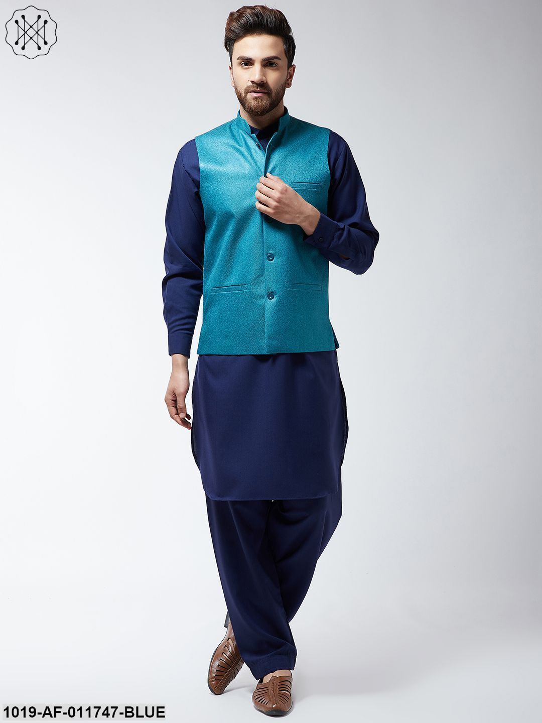 Men's Cotton Blend Blue Pathani Kurta Salwar & Peacock Nehrujacket Set