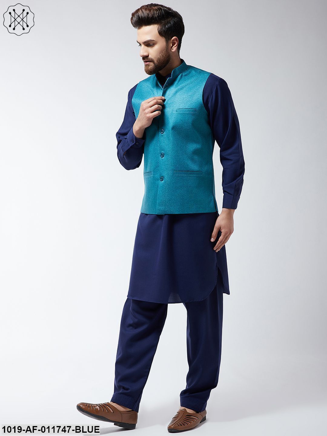 Men's Cotton Blend Blue Pathani Kurta Salwar & Peacock Nehrujacket Set
