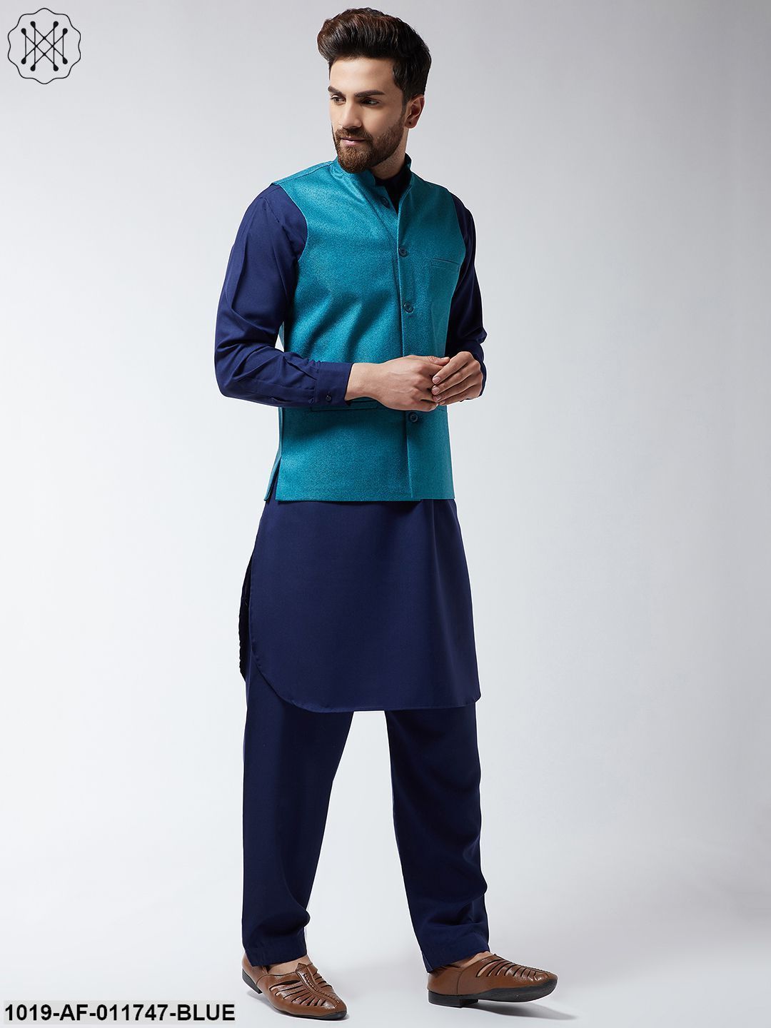 Men's Cotton Blend Blue Pathani Kurta Salwar & Peacock Nehrujacket Set