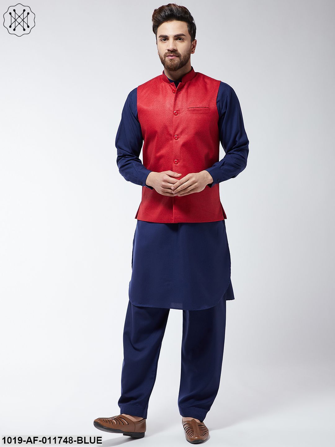 Men's Cotton Blend Navy Blue Pathani Kurta Salwar & Red Nehrujacket Set