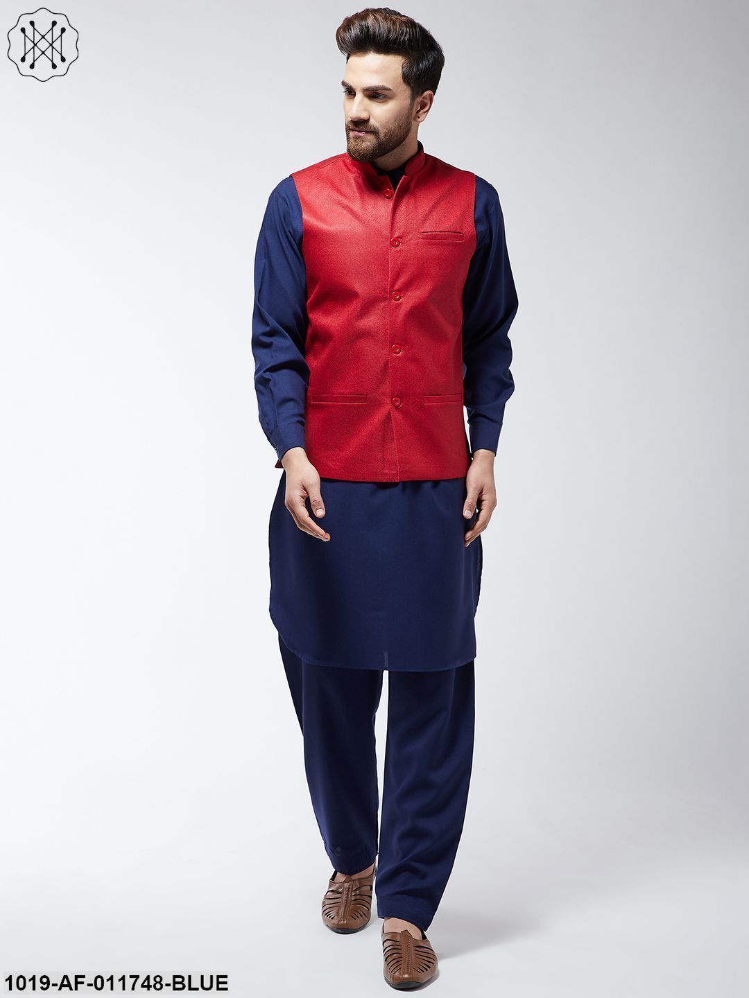 Men's Cotton Blend Navy Blue Pathani Kurta Salwar & Red Nehrujacket Set