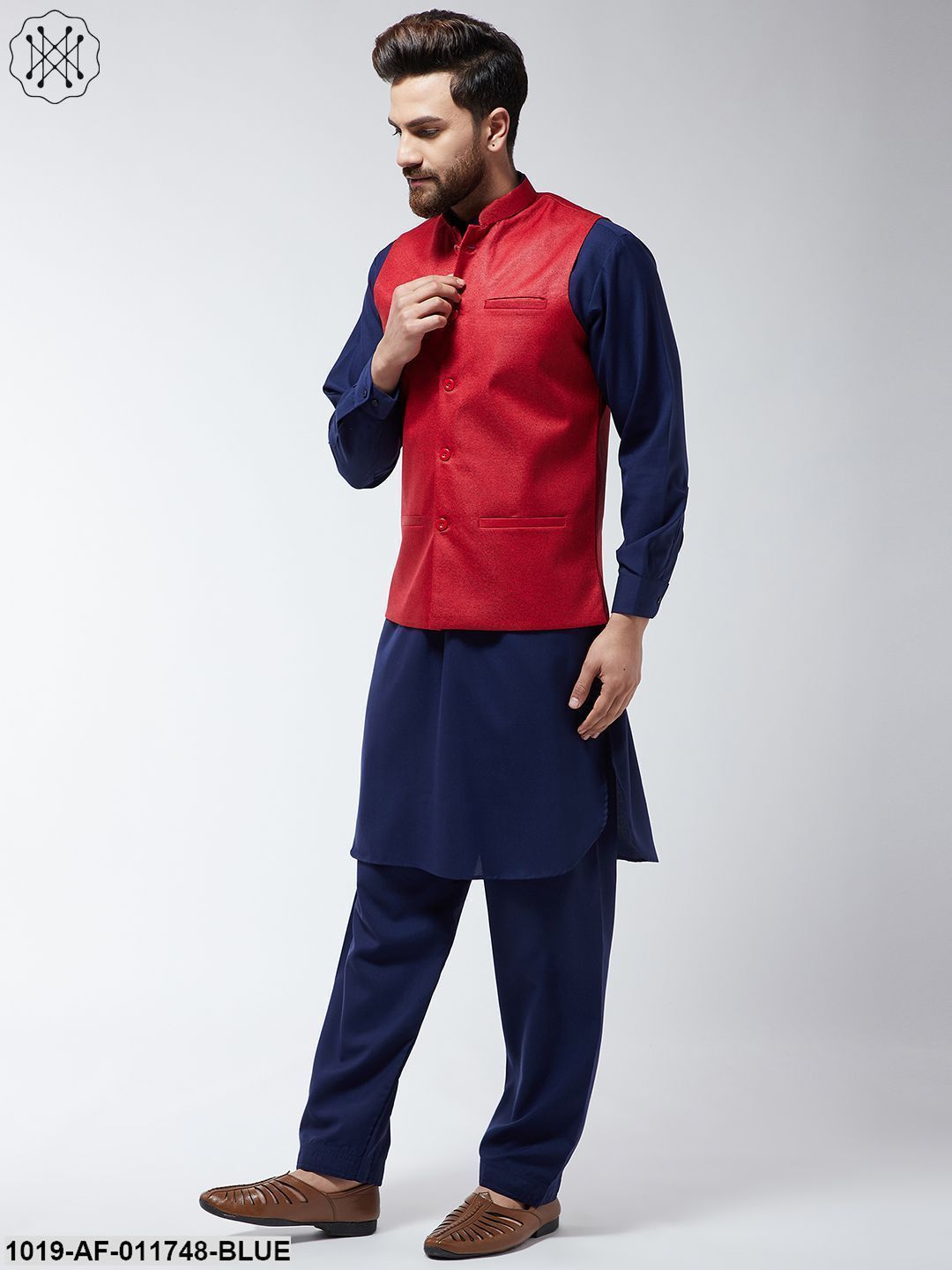 Men's Cotton Blend Navy Blue Pathani Kurta Salwar & Red Nehrujacket Set