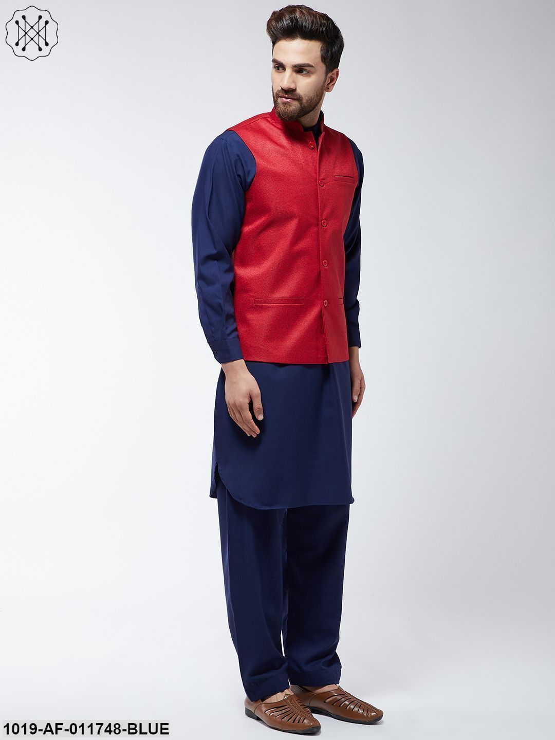 Men's Cotton Blend Navy Blue Pathani Kurta Salwar & Red Nehrujacket Set