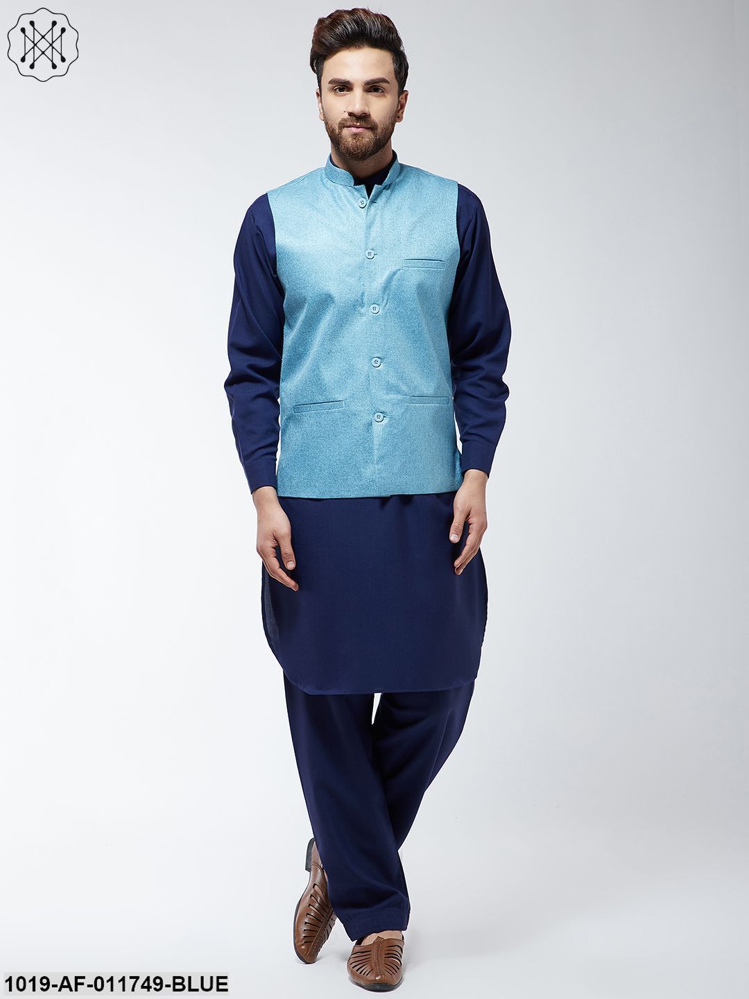 Men's Cotton Blend Navy Blue Pathani Kurta Salwar & Sky Blue Nehrujacket Set