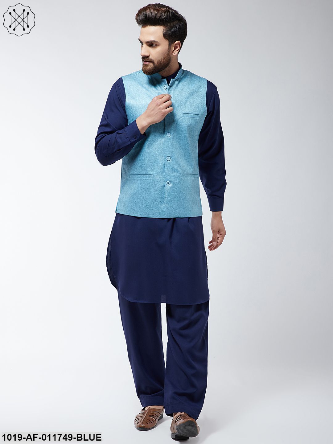 Men's Cotton Blend Navy Blue Pathani Kurta Salwar & Sky Blue Nehrujacket Set