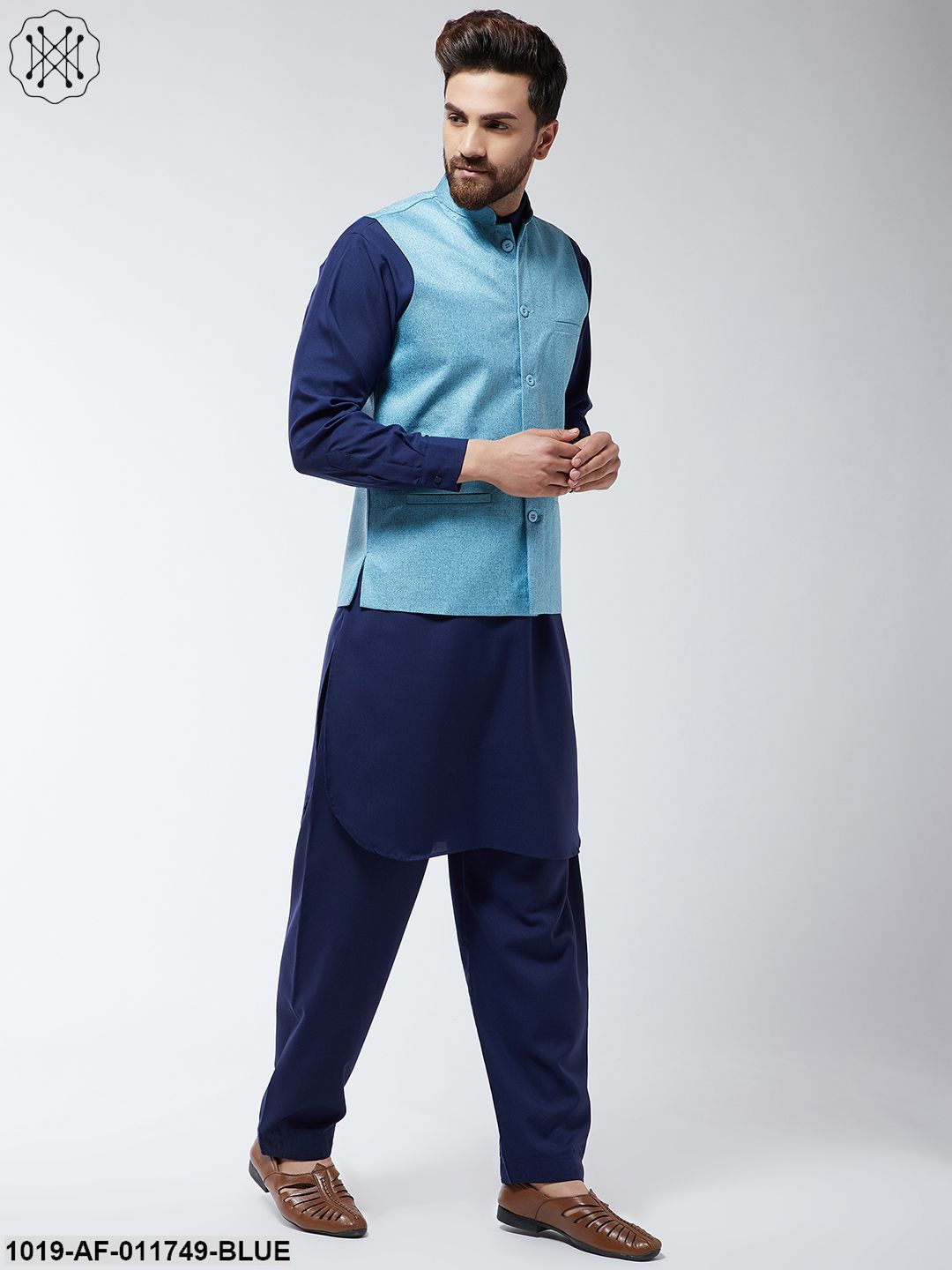 Men's Cotton Blend Navy Blue Pathani Kurta Salwar & Sky Blue Nehrujacket Set