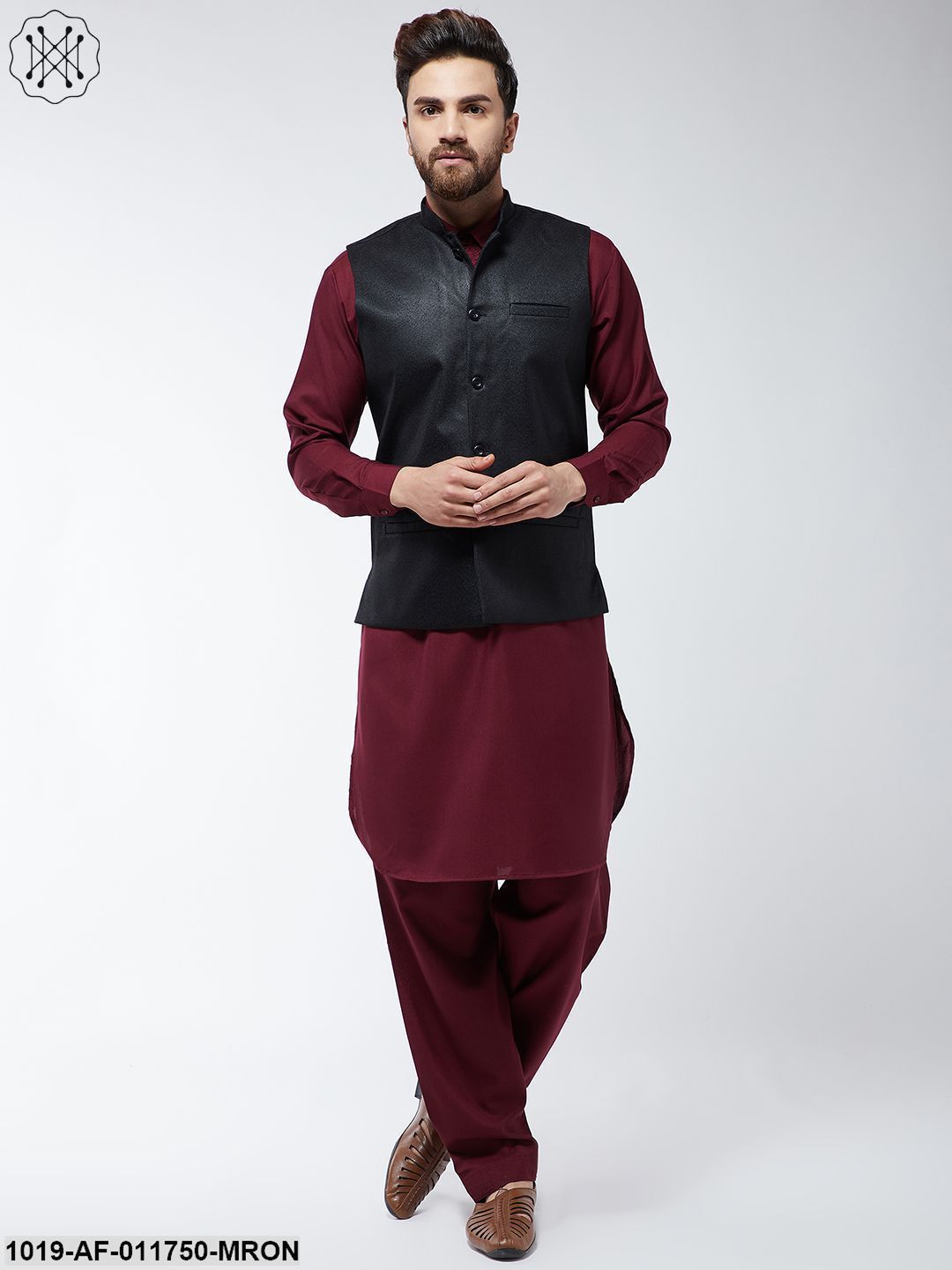 Men's Cotton Blend Maroon Pathani Kurta Salwar & Black Nehrujacket Set
