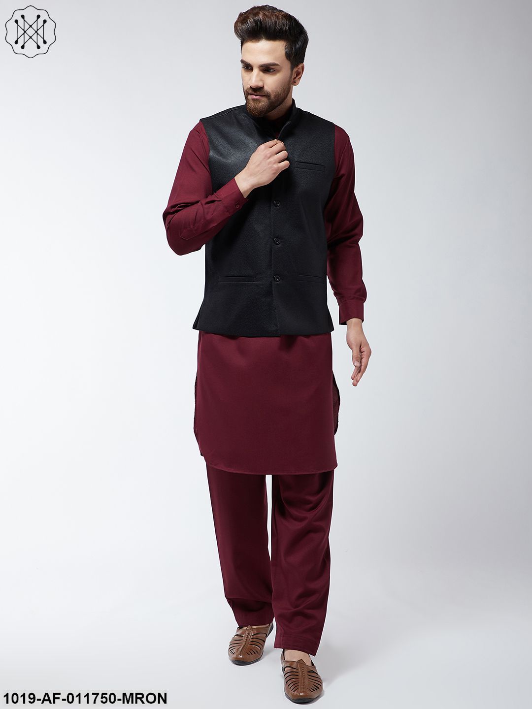 Men's Cotton Blend Maroon Pathani Kurta Salwar & Black Nehrujacket Set