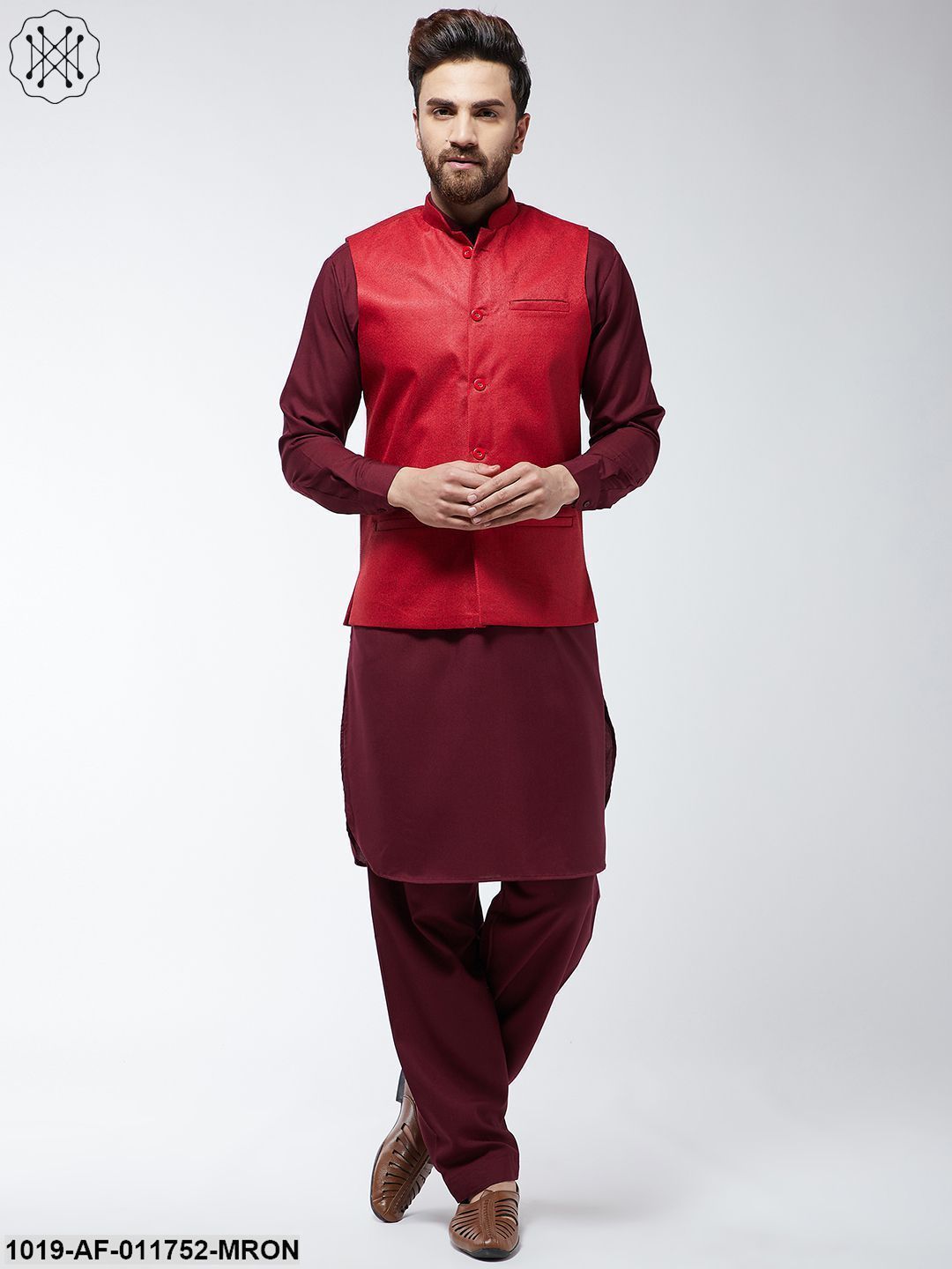 Men's Cotton Blend Maroon Pathani Kurta Salwar & Red Nehrujacket Set