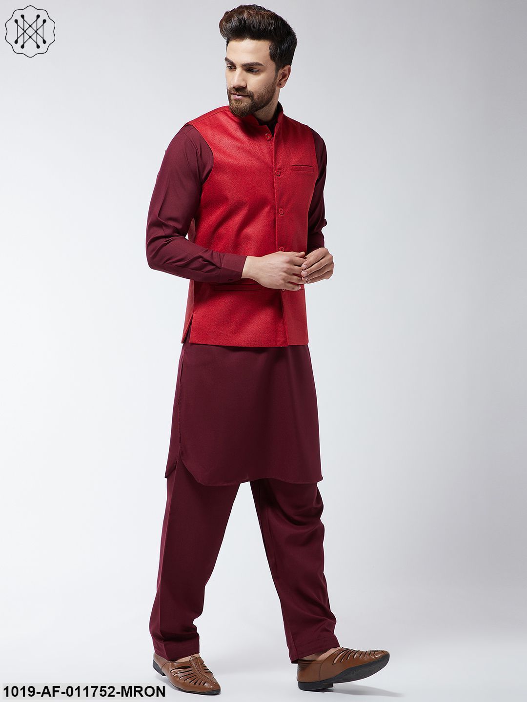 Men's Cotton Blend Maroon Pathani Kurta Salwar & Red Nehrujacket Set