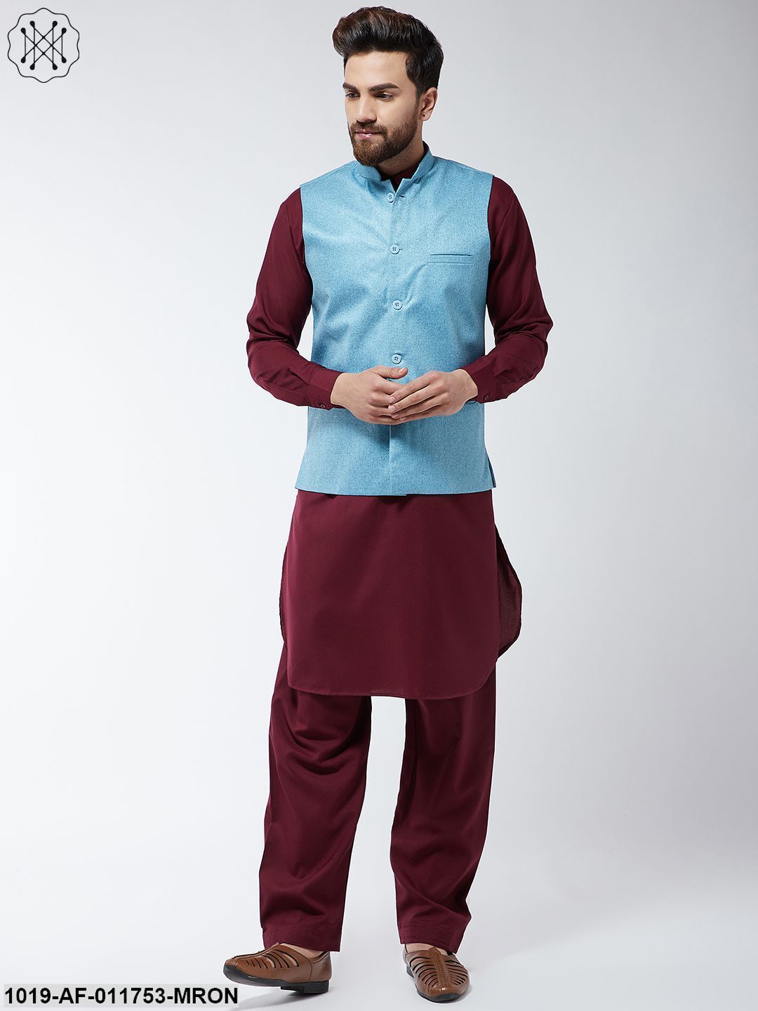 Men's Cotton Blend Maroon Pathani Kurta Salwar & Sky Blue Nehrujacket Set