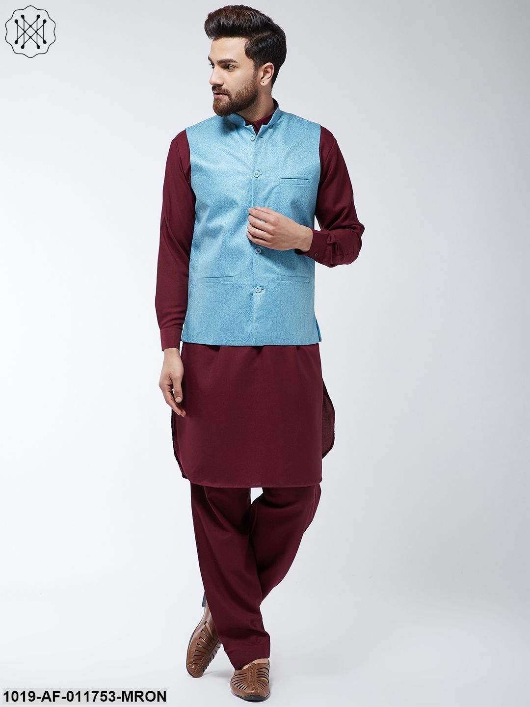 Men's Cotton Blend Maroon Pathani Kurta Salwar & Sky Blue Nehrujacket Set