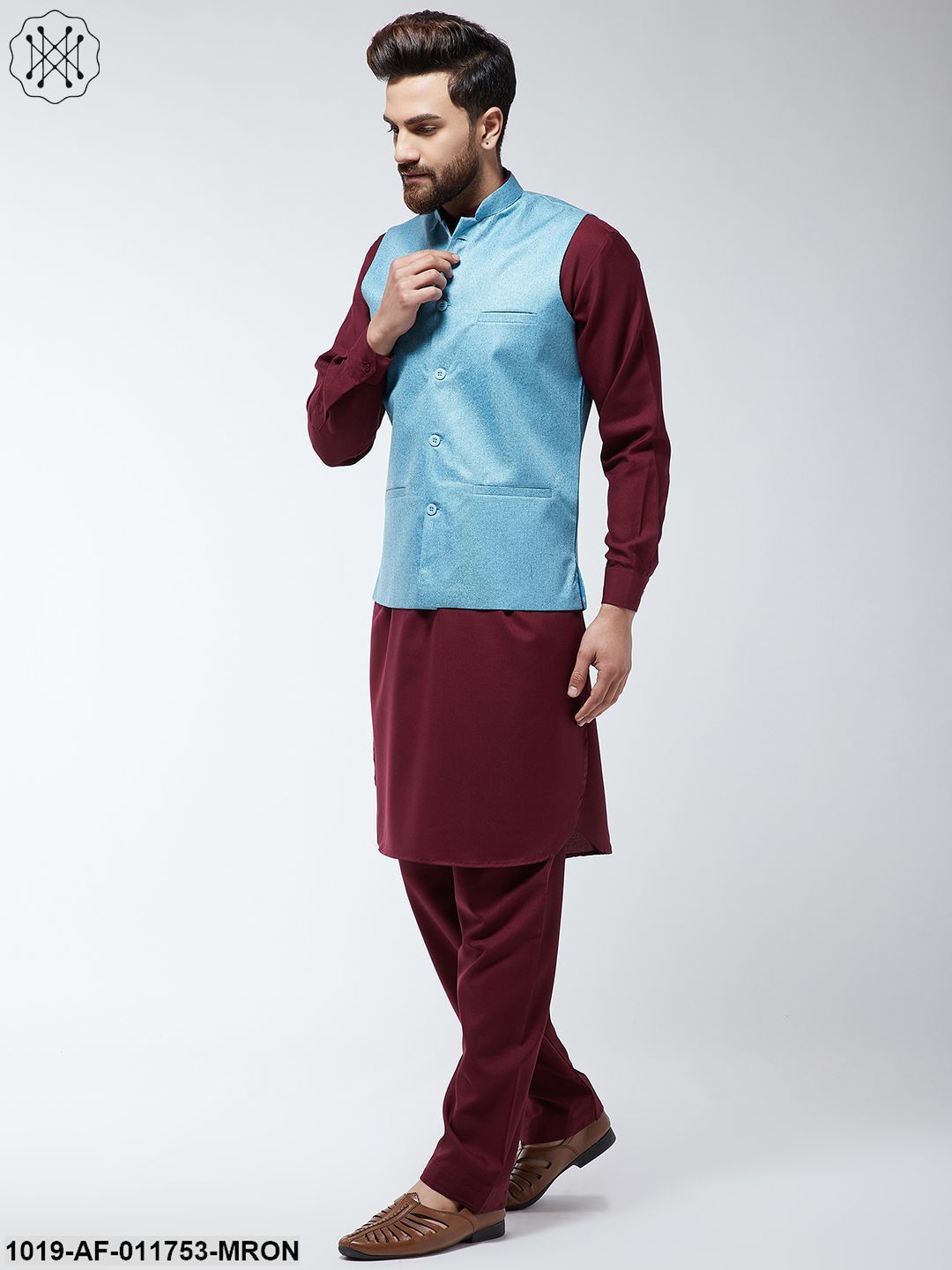 Men's Cotton Blend Maroon Pathani Kurta Salwar & Sky Blue Nehrujacket Set