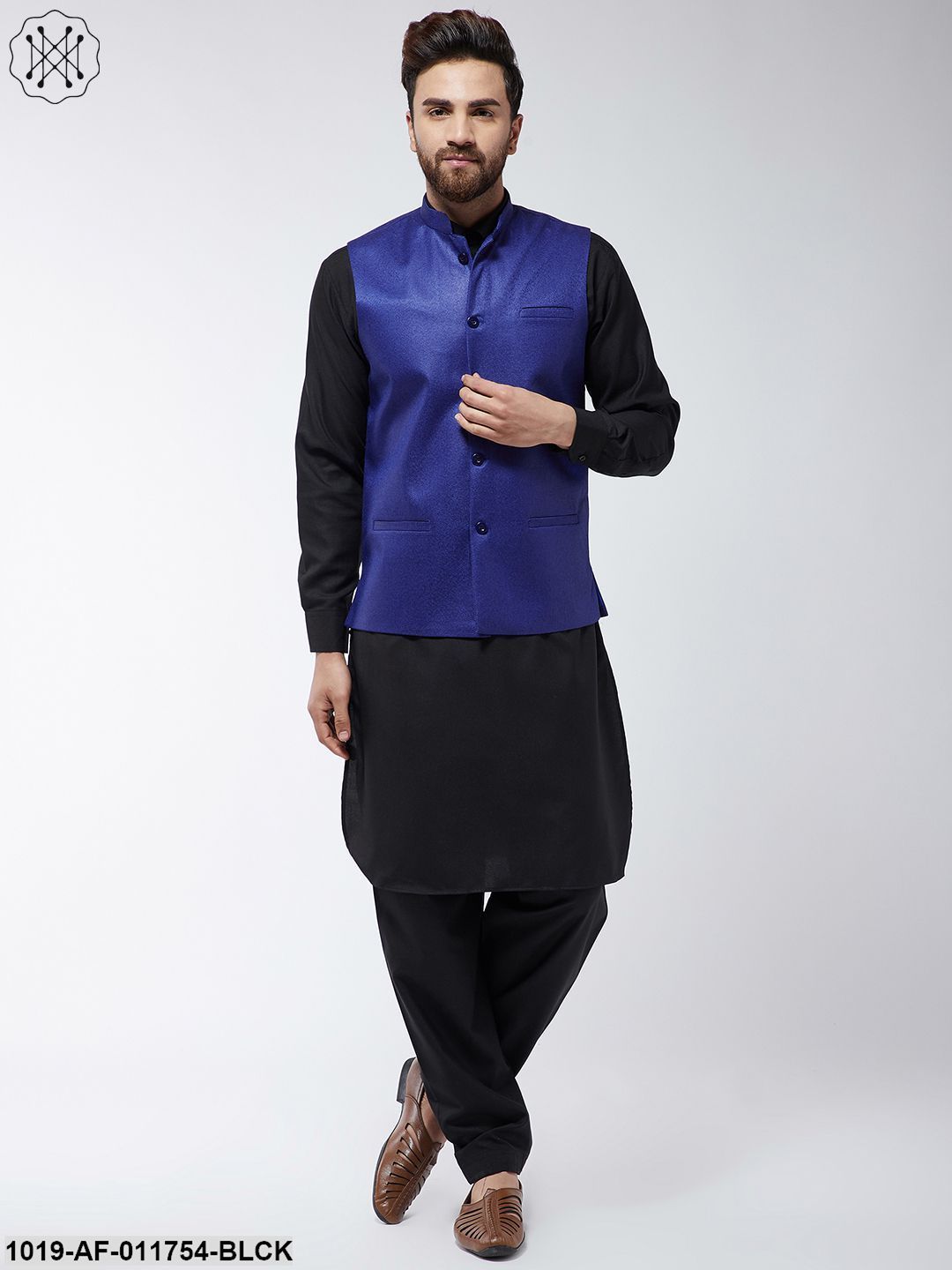 Men's Cotton Blend Black Pathani Kurta Salwar & Royal Blue Nehrujacket Set