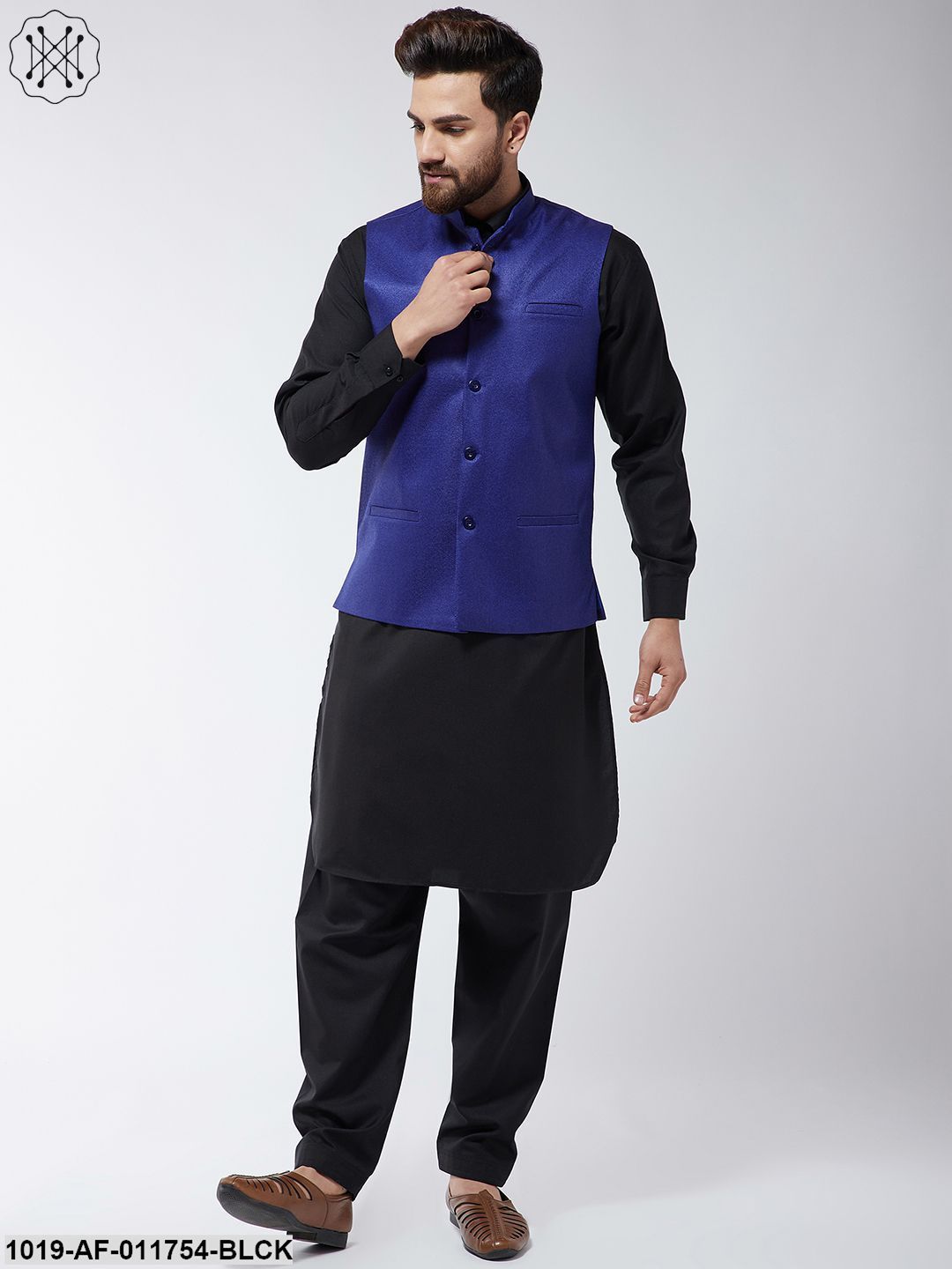 Men's Cotton Blend Black Pathani Kurta Salwar & Royal Blue Nehrujacket Set