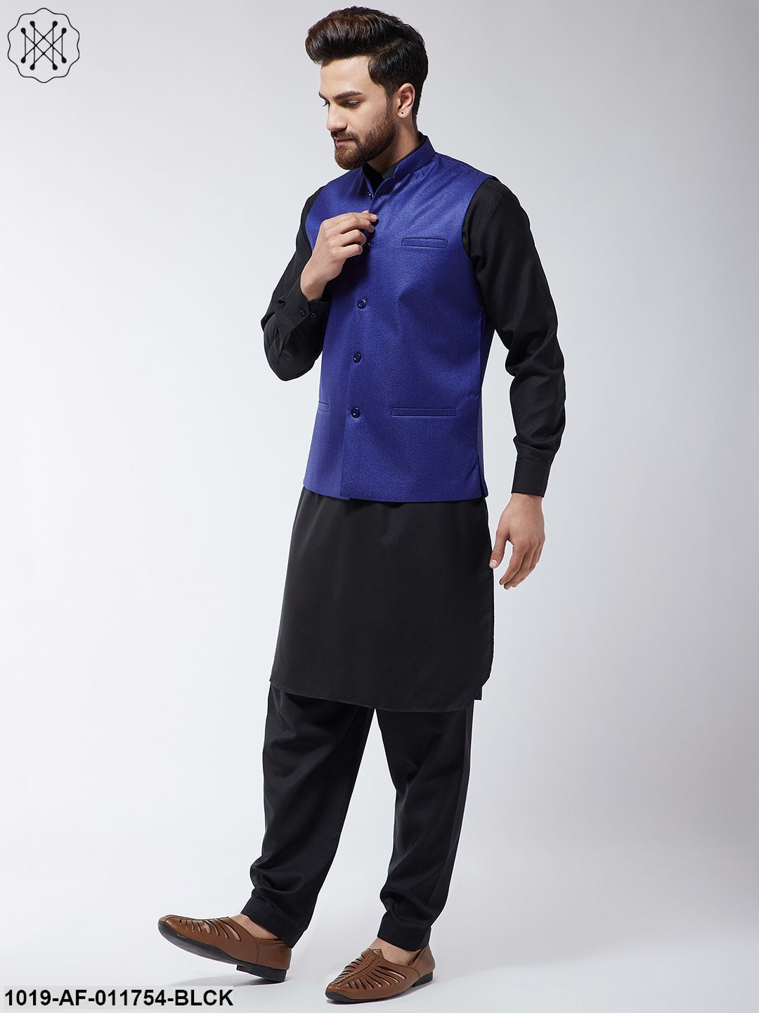 Men's Cotton Blend Black Pathani Kurta Salwar & Royal Blue Nehrujacket Set