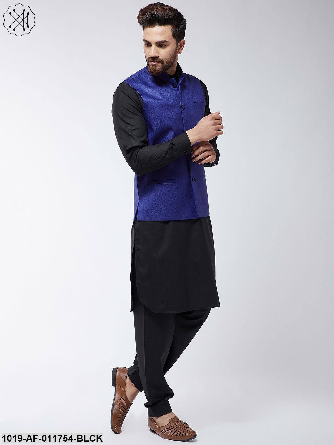 Men's Cotton Blend Black Pathani Kurta Salwar & Royal Blue Nehrujacket Set