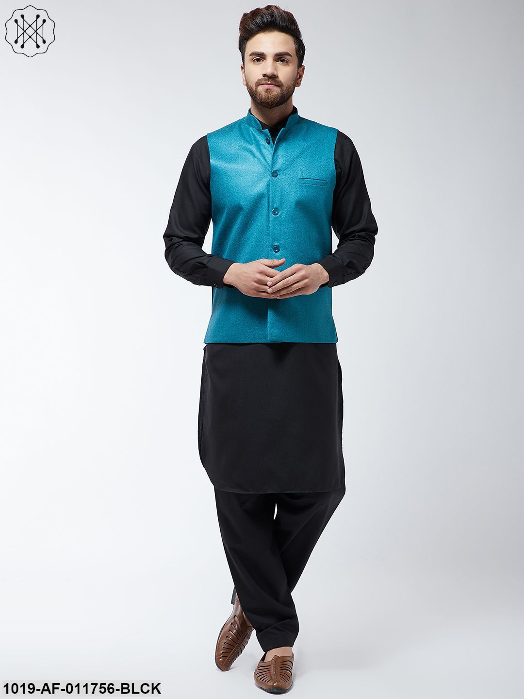 Men's Cotton Blend Black Pathani Kurta Salwar & Peacock Blue Nehrujacket Set
