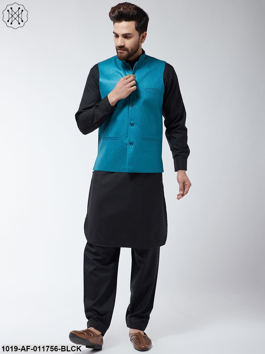 Men's Cotton Blend Black Pathani Kurta Salwar & Peacock Blue Nehrujacket Set