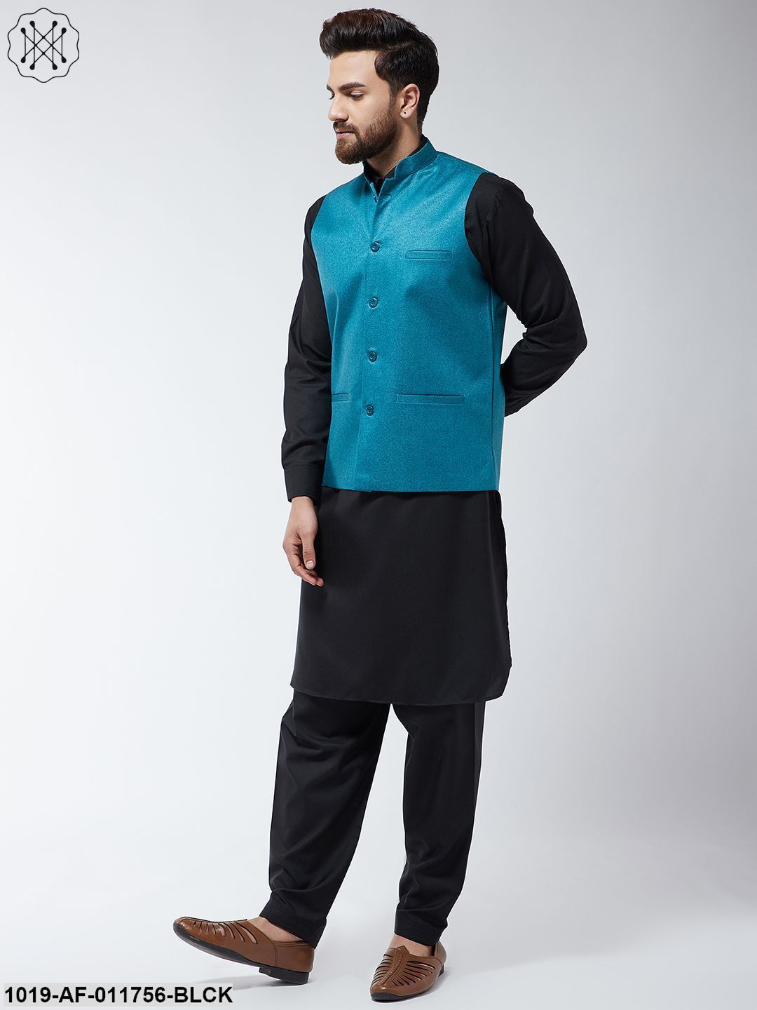 Men's Cotton Blend Black Pathani Kurta Salwar & Peacock Blue Nehrujacket Set