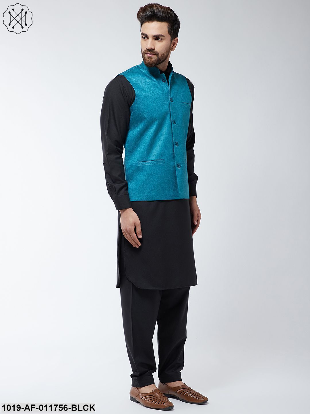 Men's Cotton Blend Black Pathani Kurta Salwar & Peacock Blue Nehrujacket Set