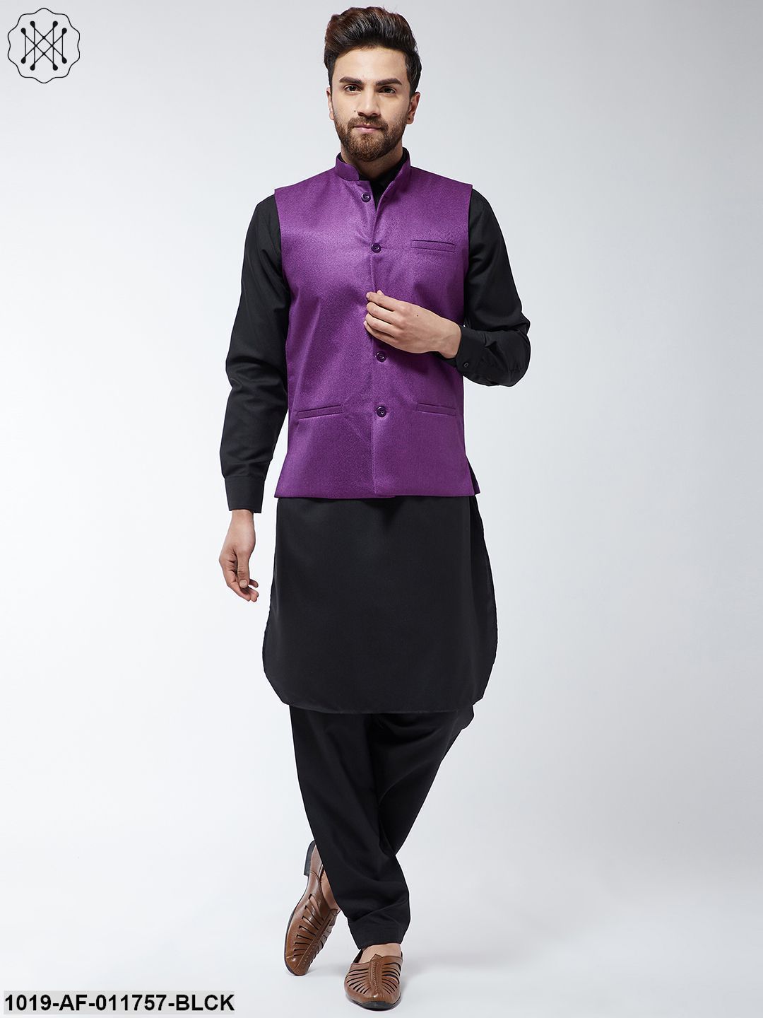 Men's Cotton Blend Black Pathani Kurta Salwar & Purple Nehrujacket Set