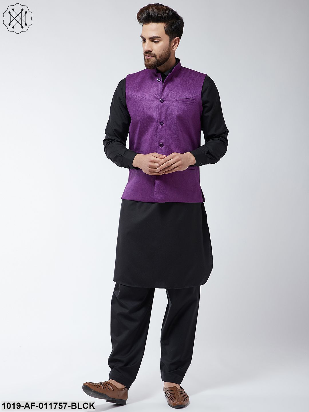 Men's Cotton Blend Black Pathani Kurta Salwar & Purple Nehrujacket Set