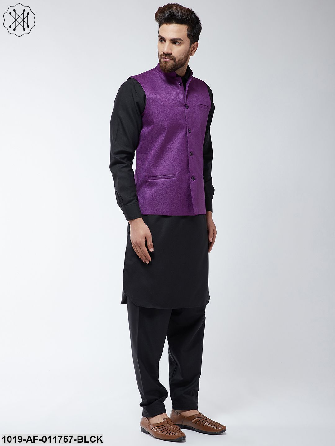Men's Cotton Blend Black Pathani Kurta Salwar & Purple Nehrujacket Set