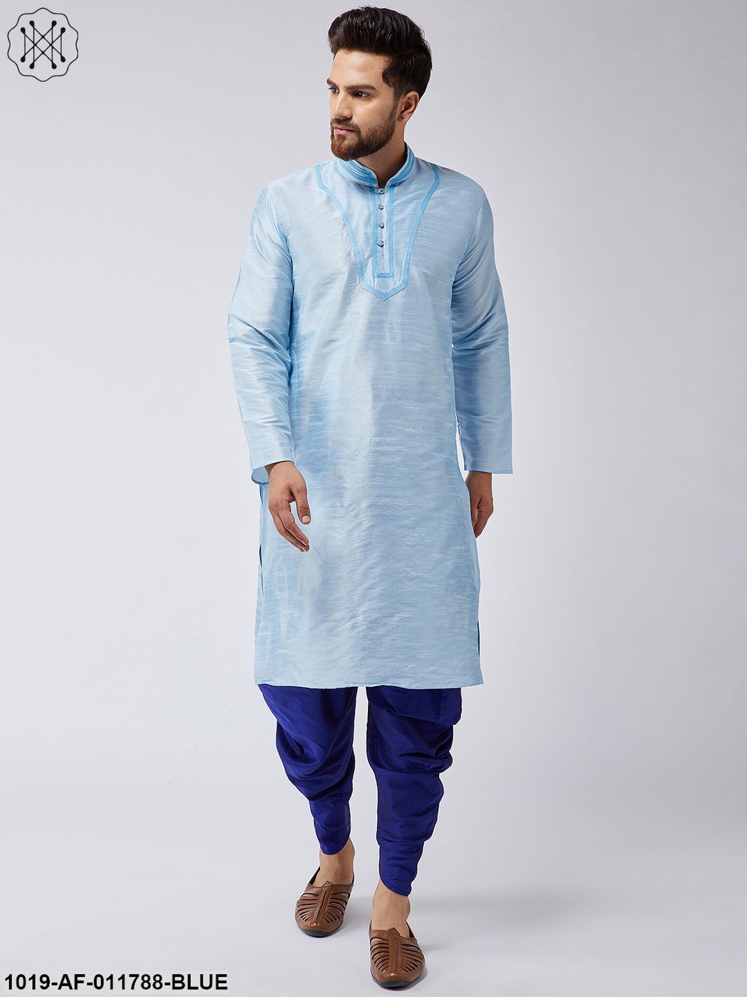 Men's Aqua Blue Silk Kurta And Blue Harem Pant Set