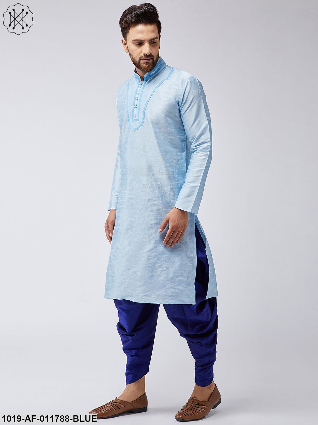 Men's Aqua Blue Silk Kurta And Blue Harem Pant Set