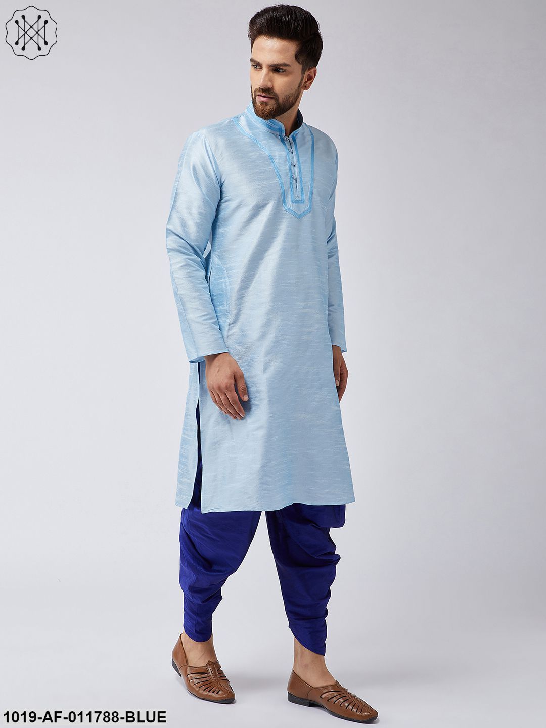 Men's Aqua Blue Silk Kurta And Blue Harem Pant Set