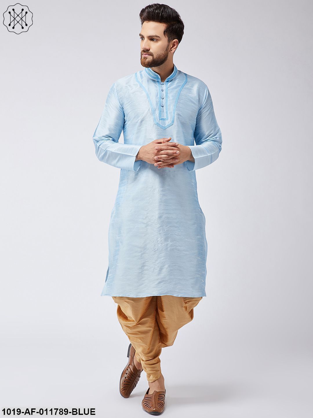 Men's Aqua Blue Silk Kurta And Gold Harem Pant Set