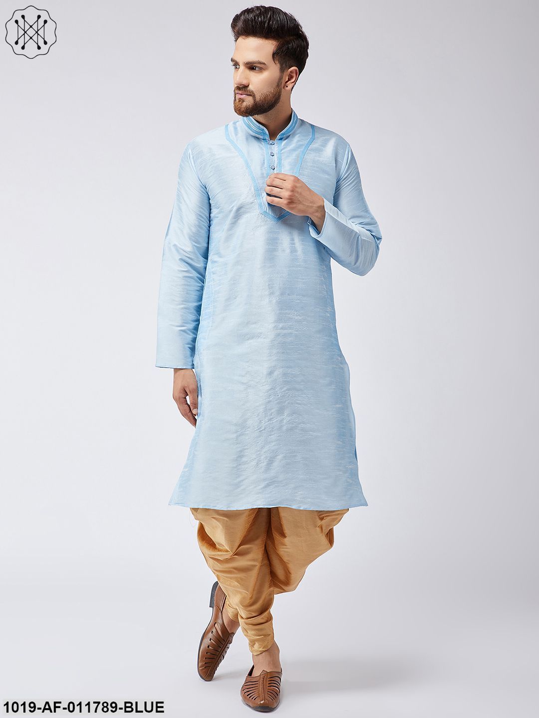 Men's Aqua Blue Silk Kurta And Gold Harem Pant Set