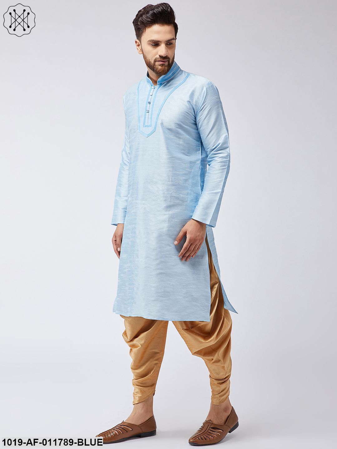 Men's Aqua Blue Silk Kurta And Gold Harem Pant Set