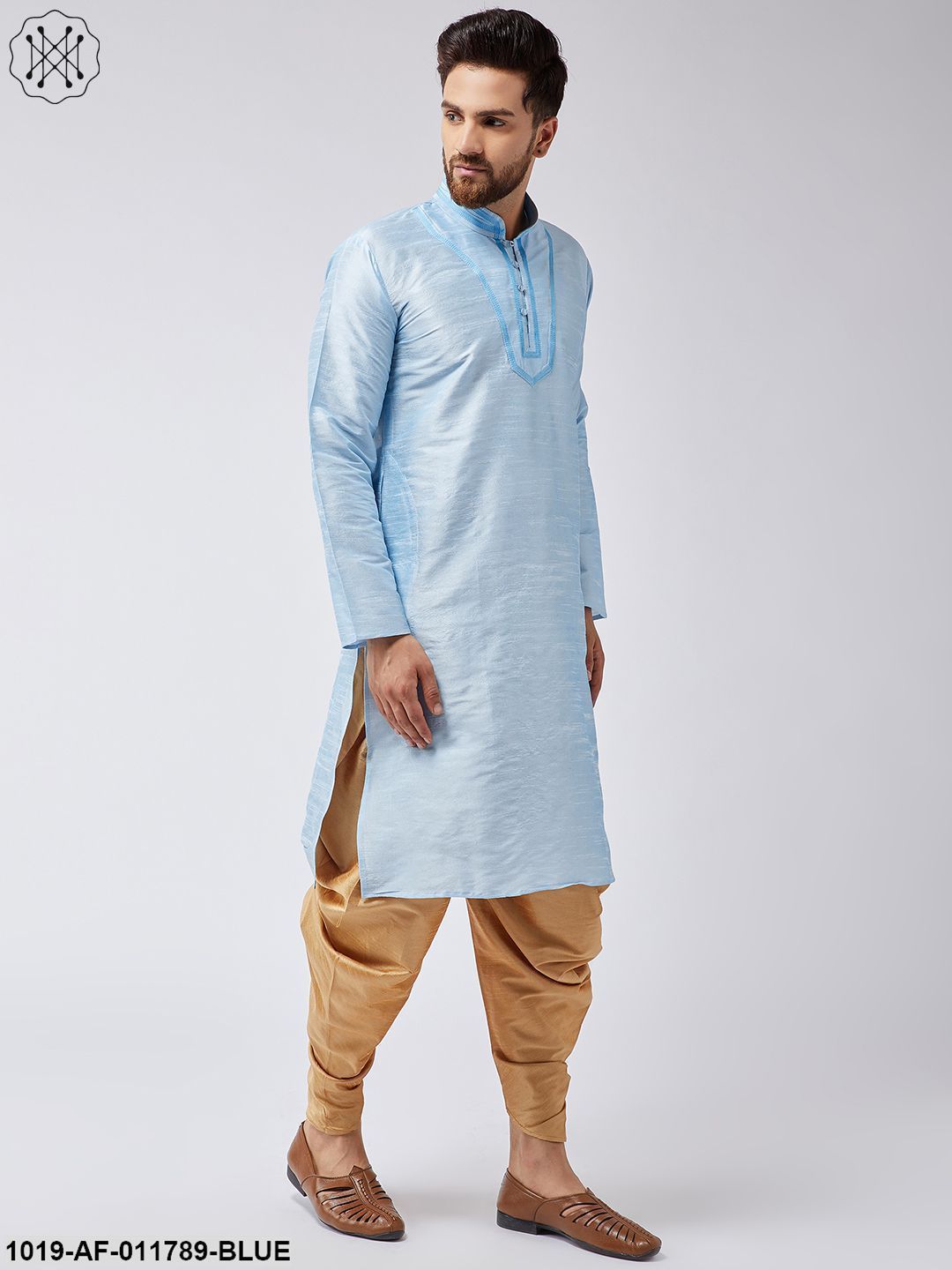 Men's Aqua Blue Silk Kurta And Gold Harem Pant Set
