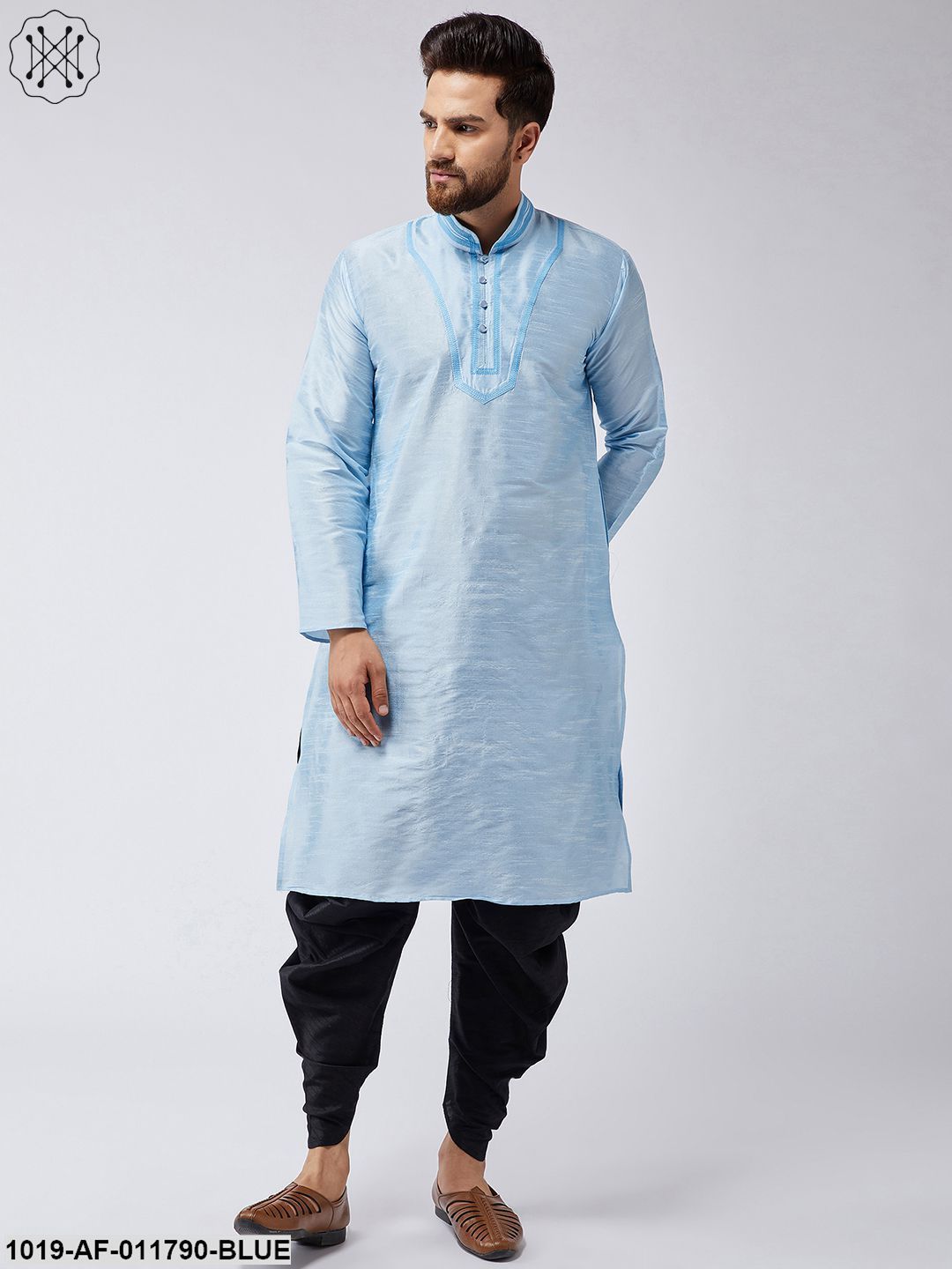 Men's Aqua Blue Silk Kurta And Black Harem Pant Set