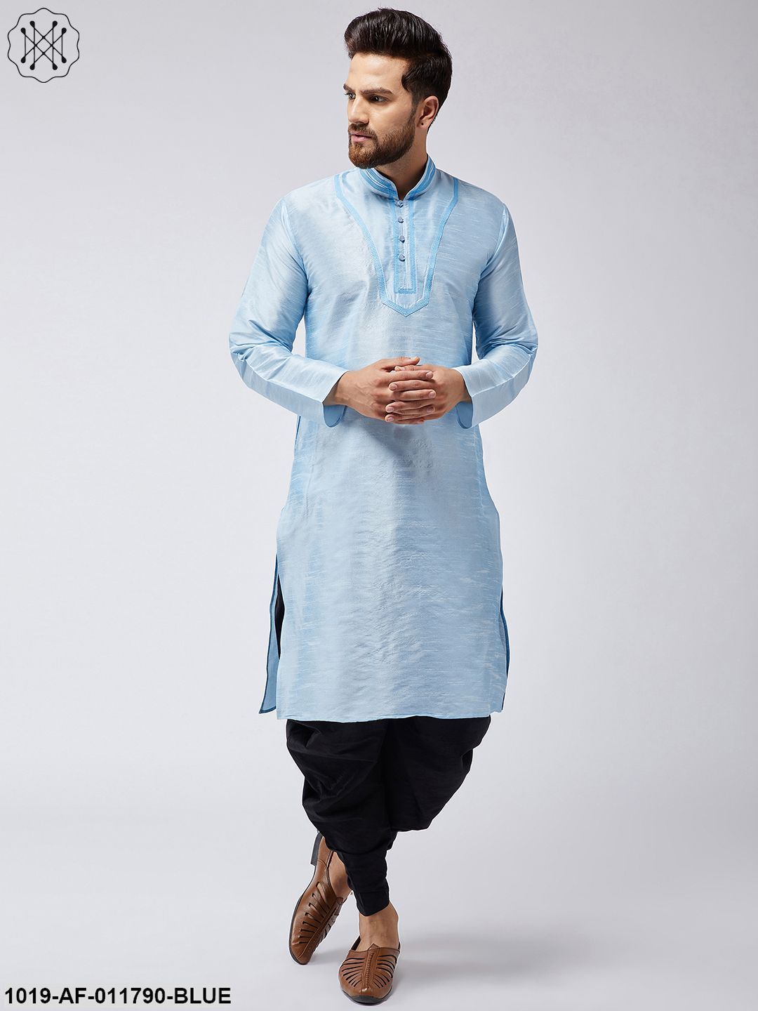 Men's Aqua Blue Silk Kurta And Black Harem Pant Set