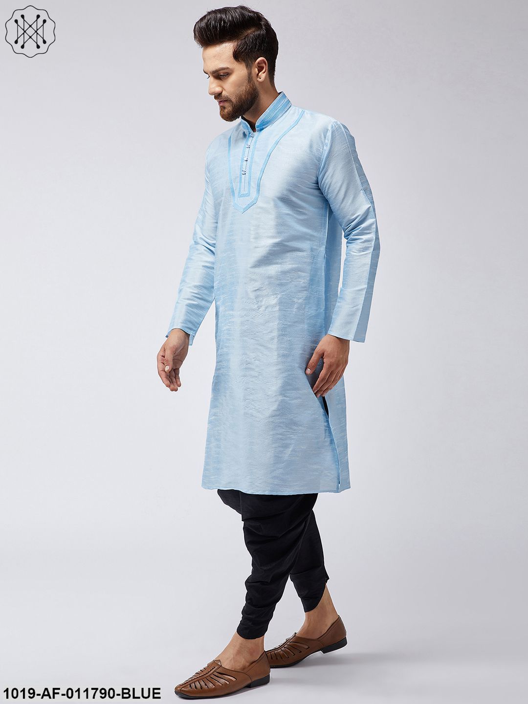 Men's Aqua Blue Silk Kurta And Black Harem Pant Set