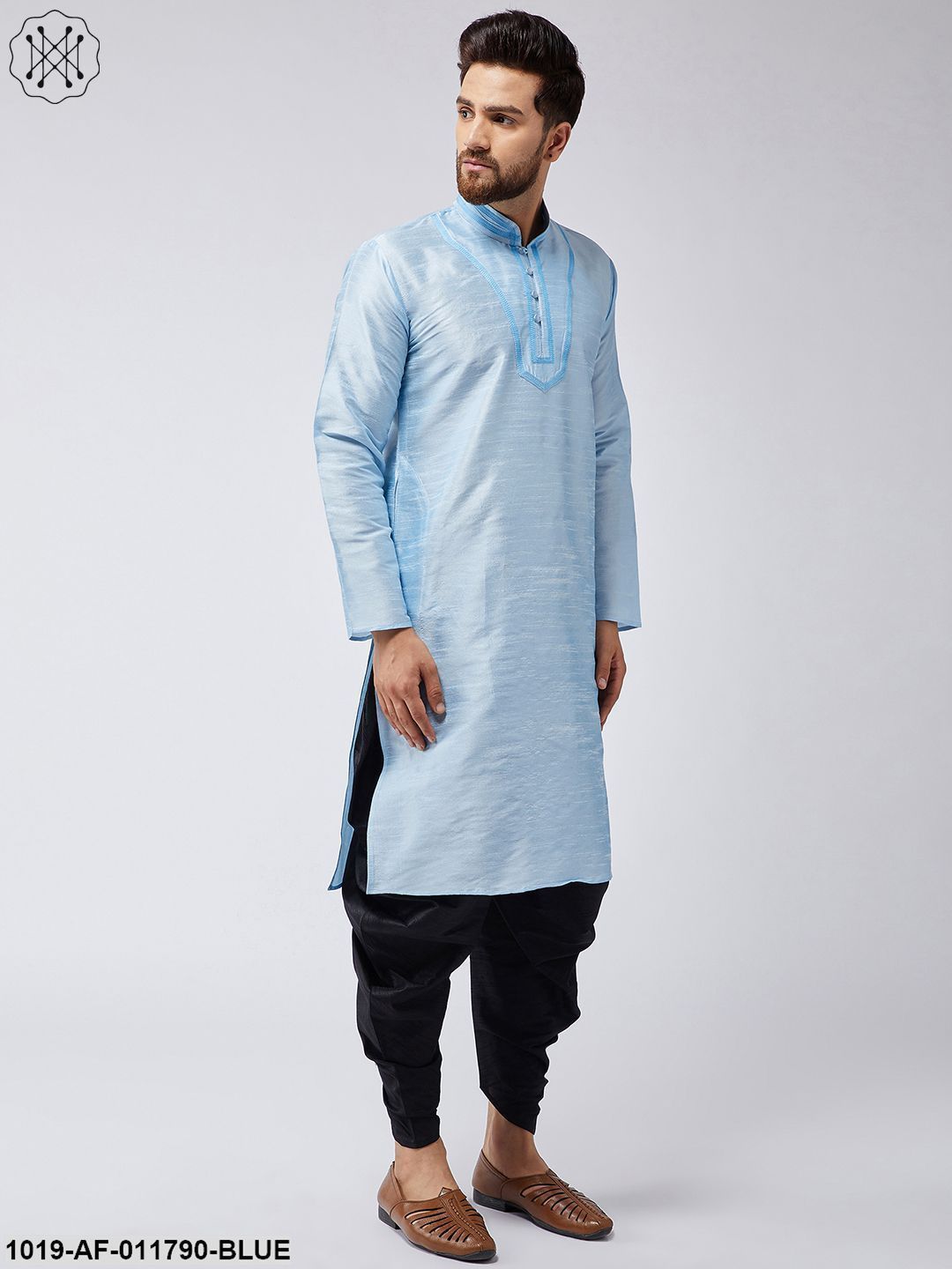 Men's Aqua Blue Silk Kurta And Black Harem Pant Set