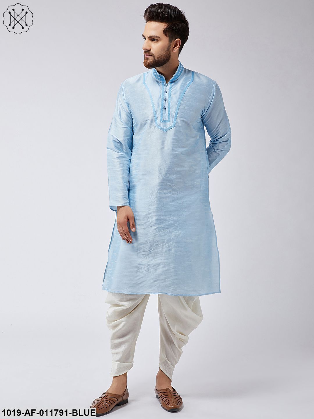 Men's Aqua Blue Silk Kurta And Off-White Harem Pant Set