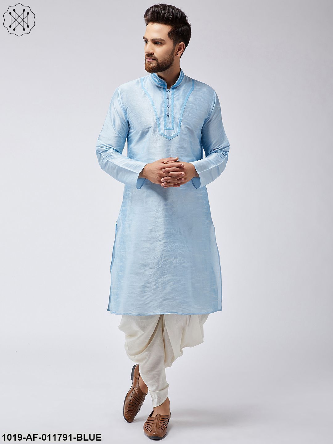 Men's Aqua Blue Silk Kurta And Off-White Harem Pant Set