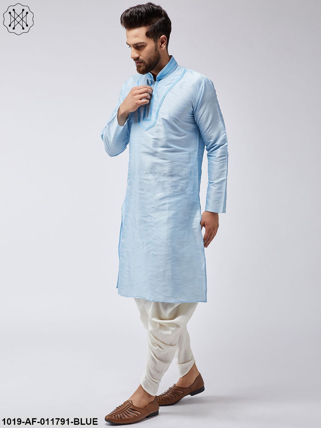 Men's Aqua Blue Silk Kurta And Off-White Harem Pant Set