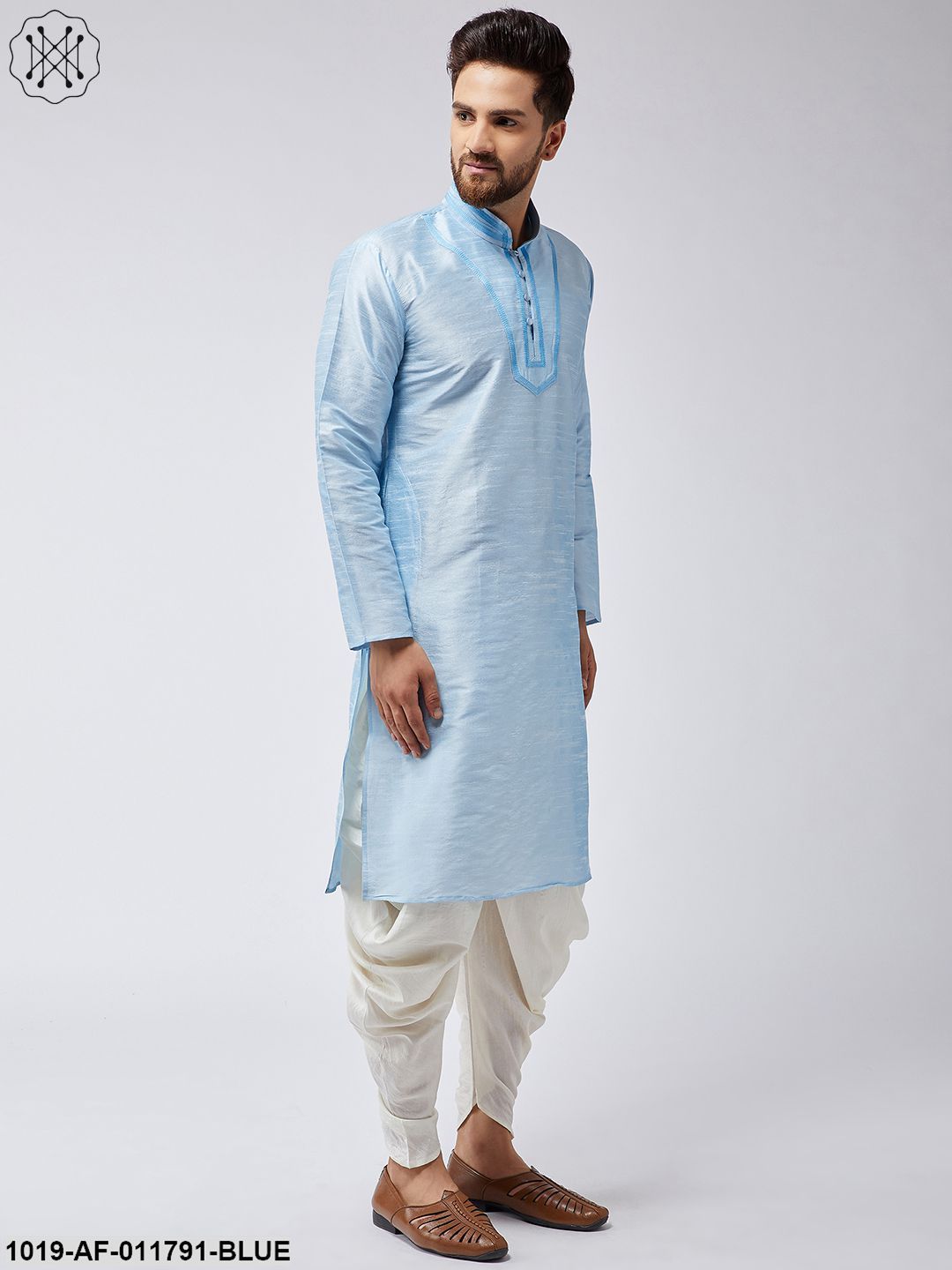 Men's Aqua Blue Silk Kurta And Off-White Harem Pant Set