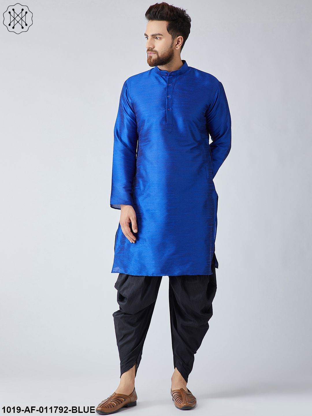 Men's Royal Blue Silk Kurta And Black Harem Pant Set
