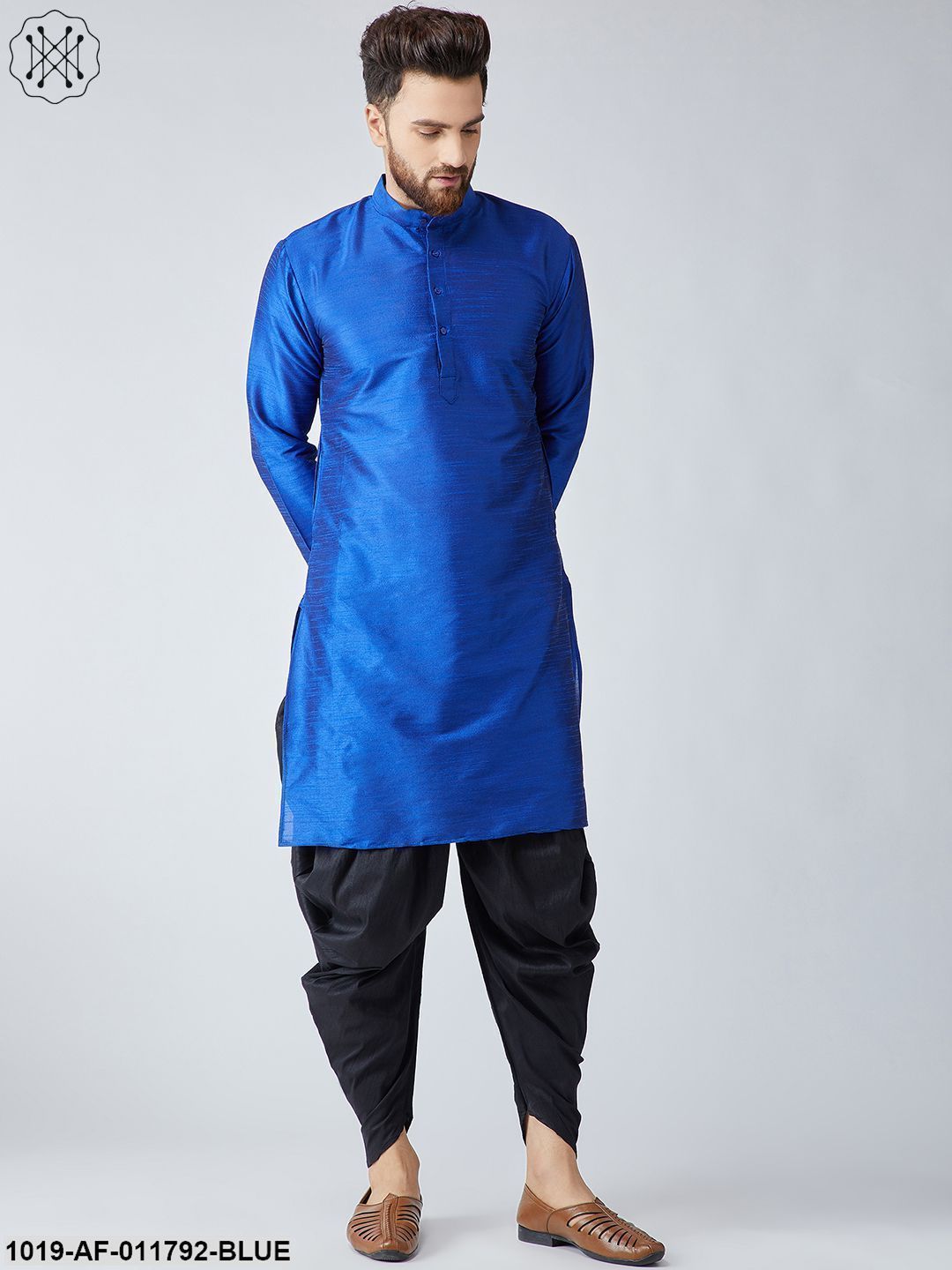 Men's Royal Blue Silk Kurta And Black Harem Pant Set